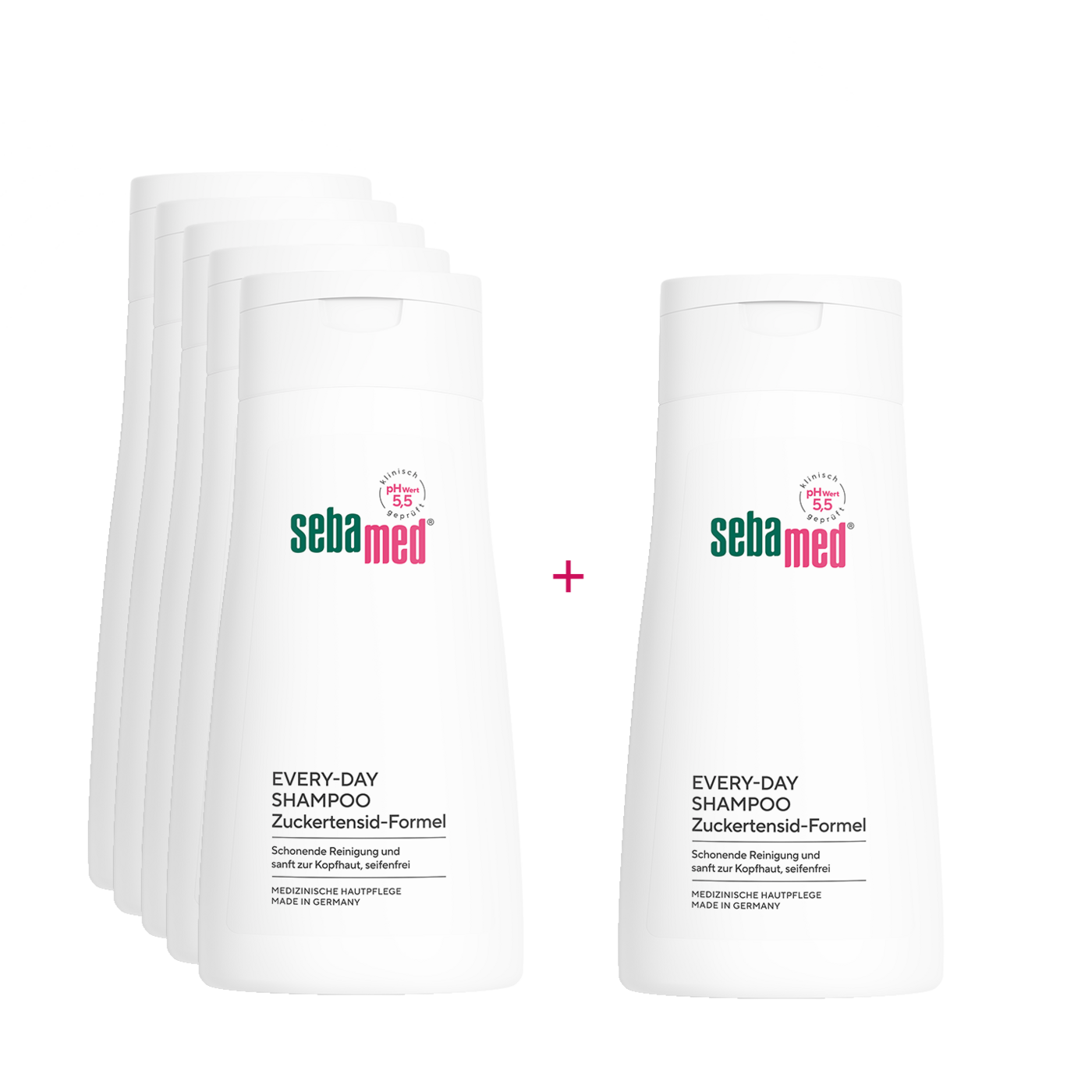 Sebamed Shampoo Packung mit 5 Flaschen und einer einzelnen Flasche