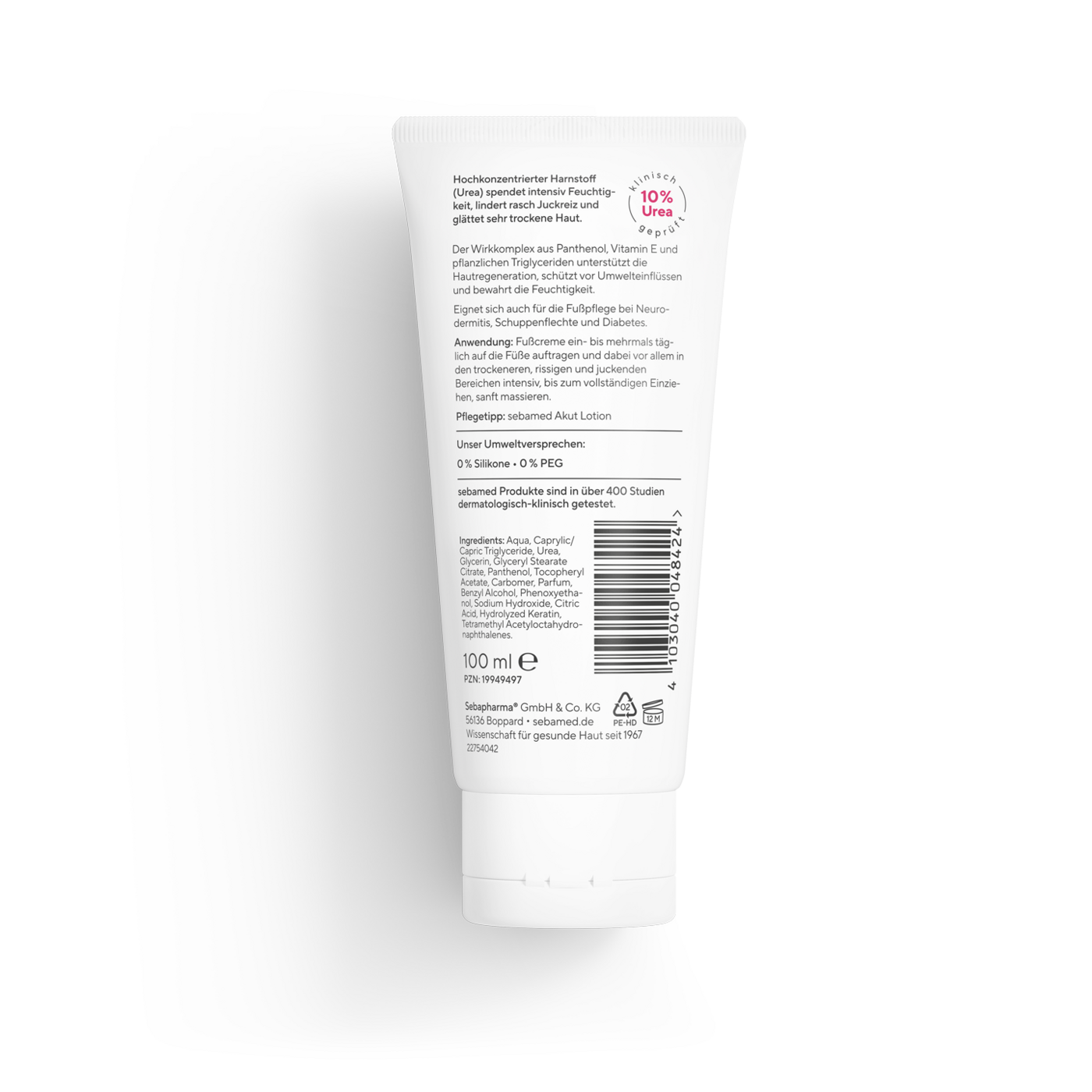 Tube mit Fußcreme, beschriftet mit Inhaltsstoffen, Volumen und Herstellerangaben.