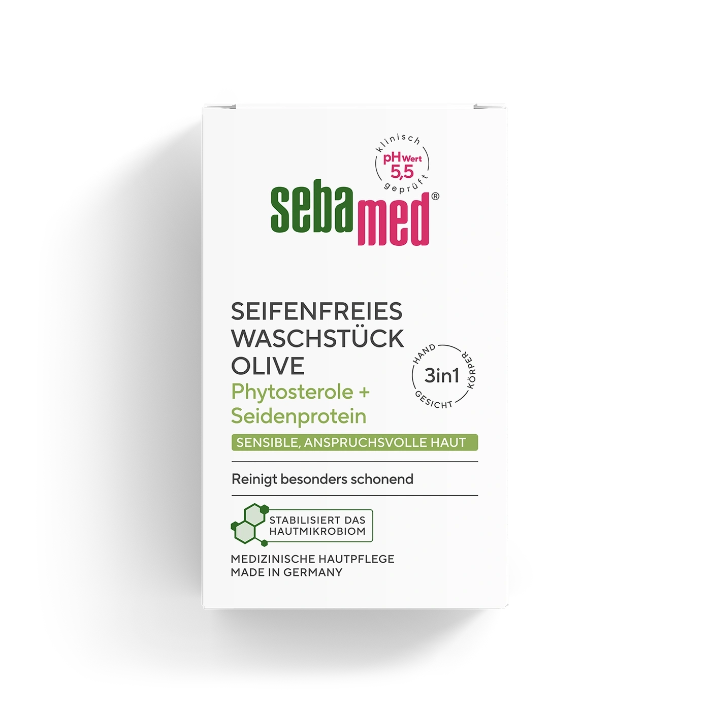 Sebamed Seifenfreies Waschstück Olive mit Phytosterole + Seidenprotein für sensible Haut.
