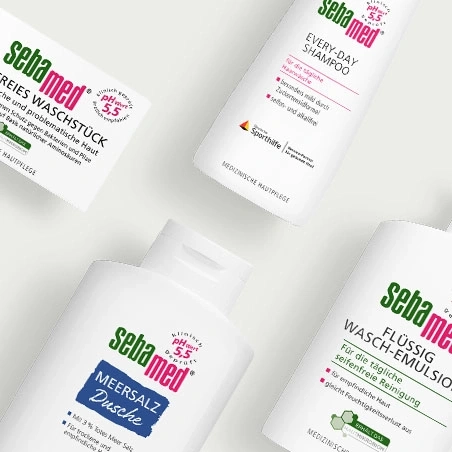 Sebamed-Produkte: Waschstück, Shampoo, Meersalz Dusche und Wasch-Emulsion