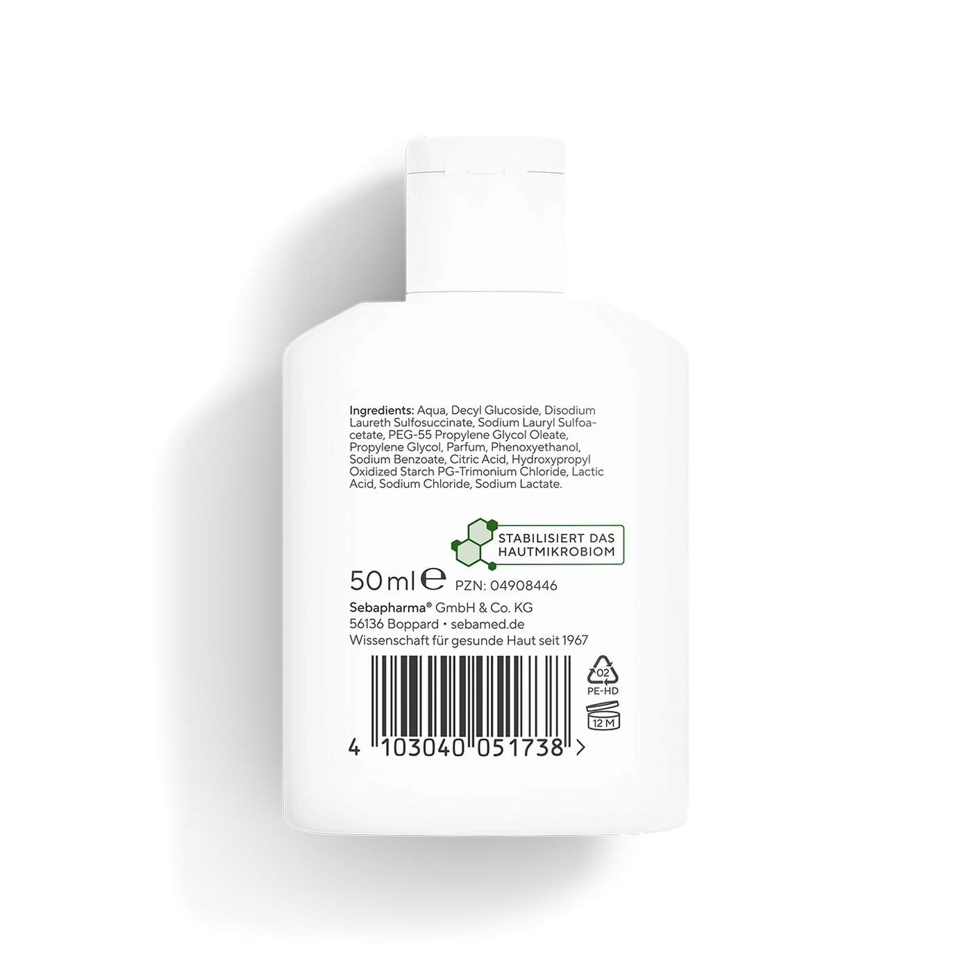 Flasche mit Inhaltsstoffen, Text, Barcode, Logo, 50ml, Hautmikrobiom, Sebapharma