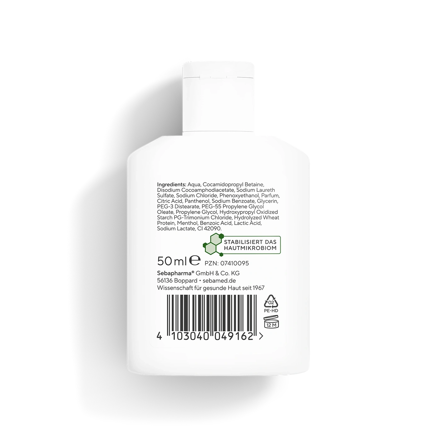 Weisse Flasche mit Inhaltsstoffen und Barcode, stabilisiert das Hautmikrobiom.
