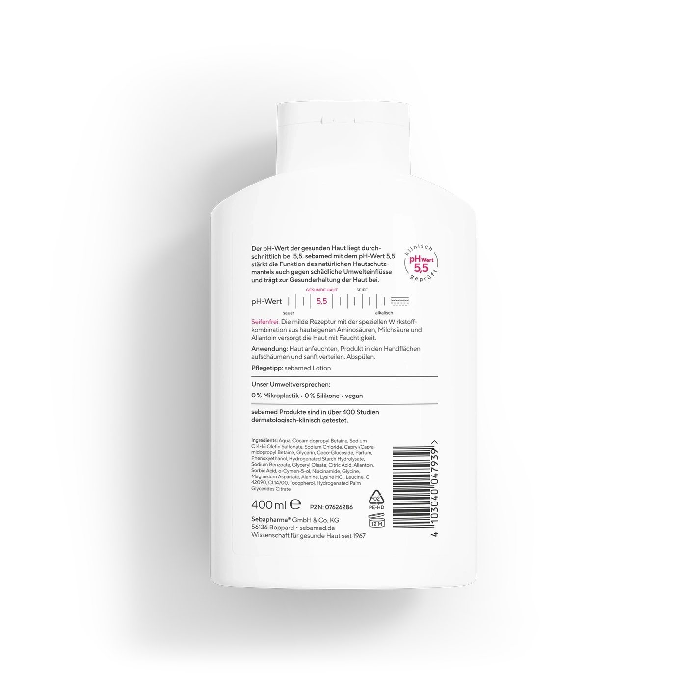 Ein Flaschenetikett mit Produktinformationen, Inhaltsstoffen und einem Barcode.