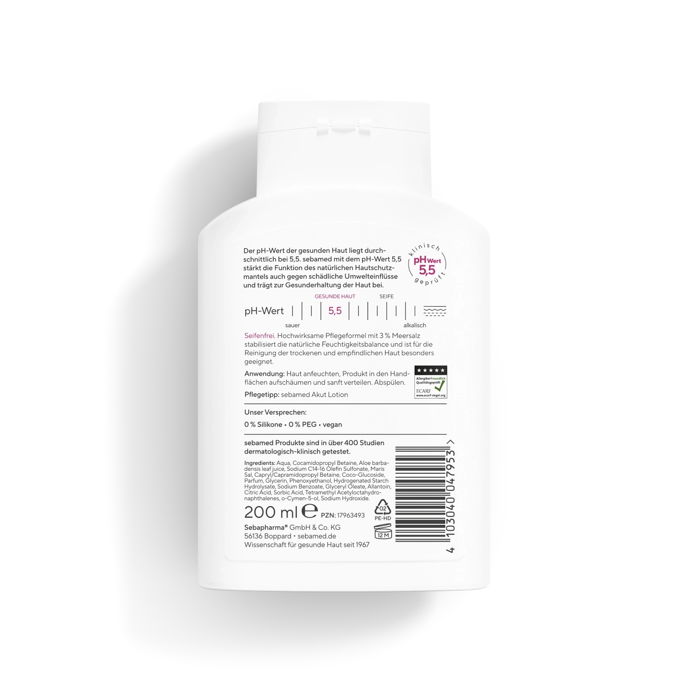 Eine weiße Flasche sebamed Akut Lotion mit einem Etikett, das alle Inhaltsstoffe und Anweisungen auflistet.