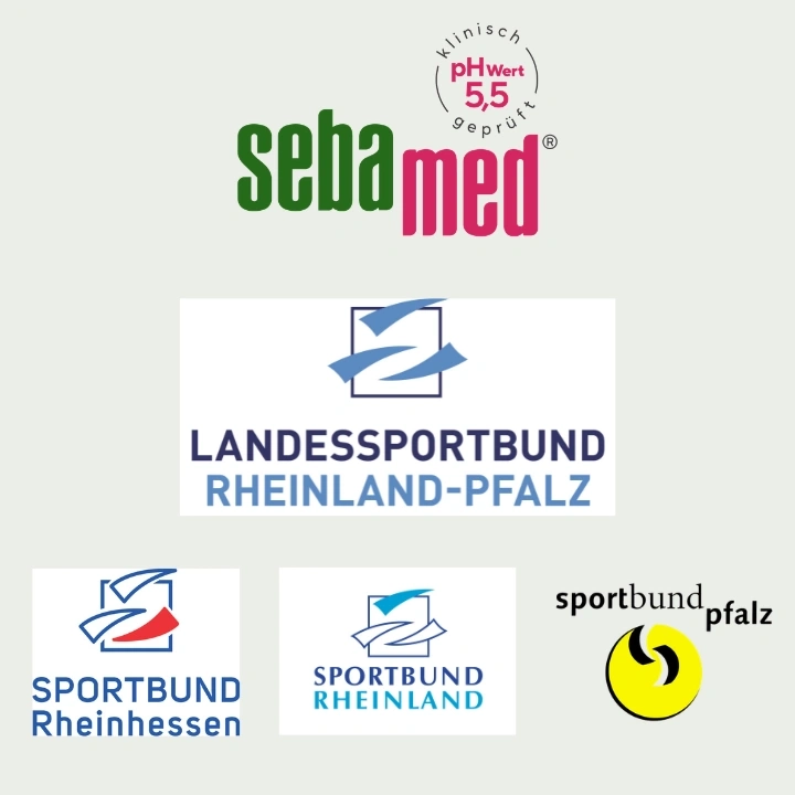 Verschiedene Logos: Sebamed, Landessportbund Rheinland-Pfalz, Sportbund Rheinhessen, Sportbund Rheinland und Sportbund Pfalz.