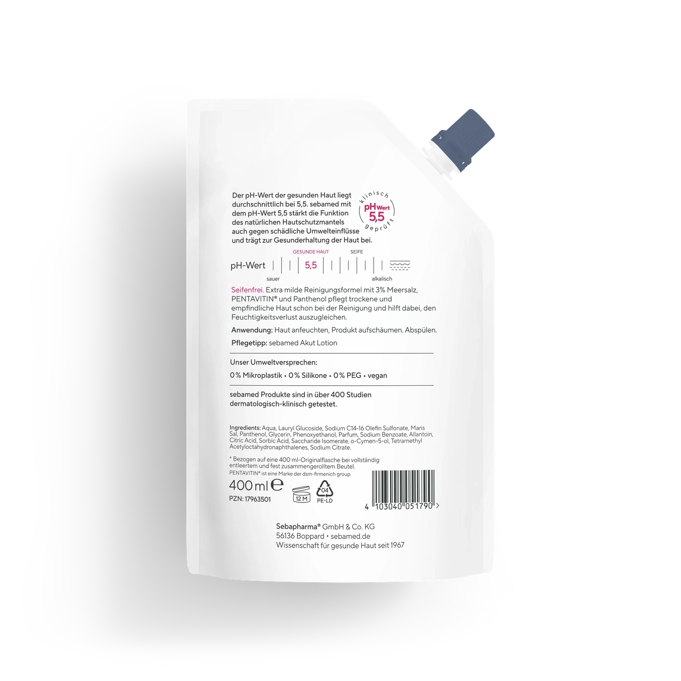 Ein Beutel mit sebamed Akut Lotion, der die Hautgesundheit fördert.