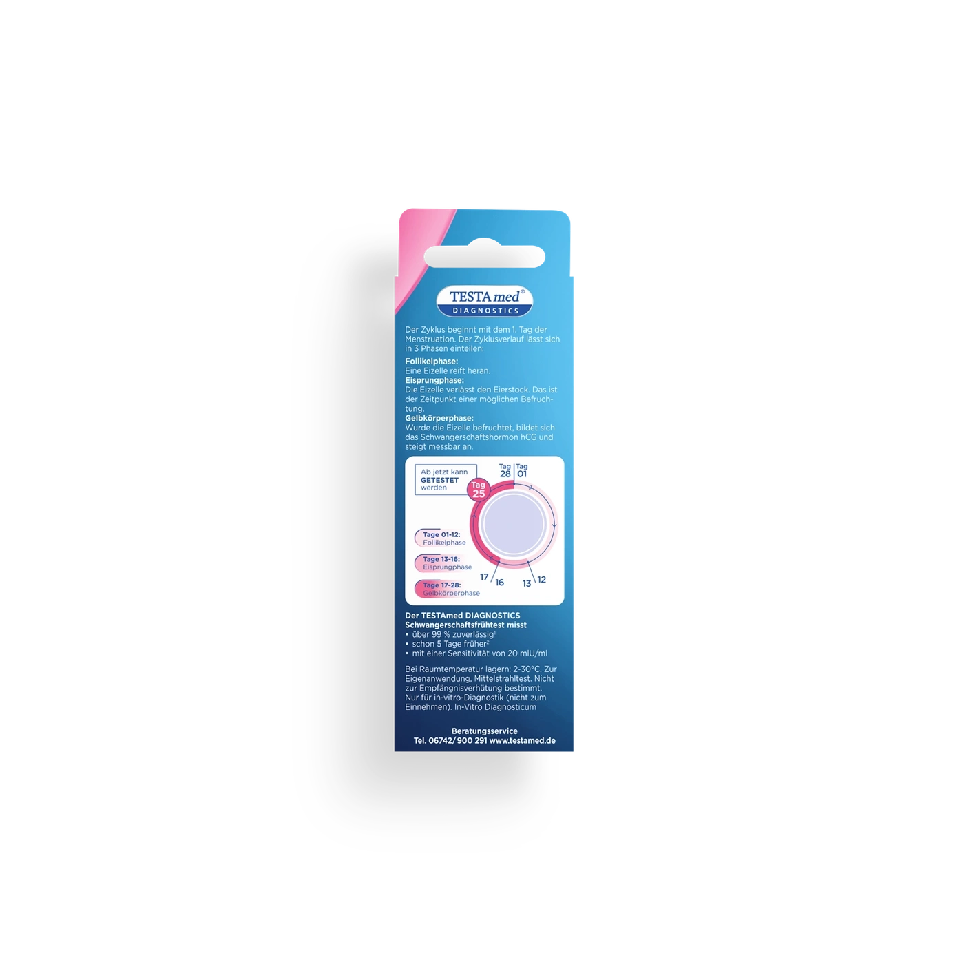 Schwangerschaftstest-Verpackung mit Phasen des Menstruationszyklus und Testinformationen.