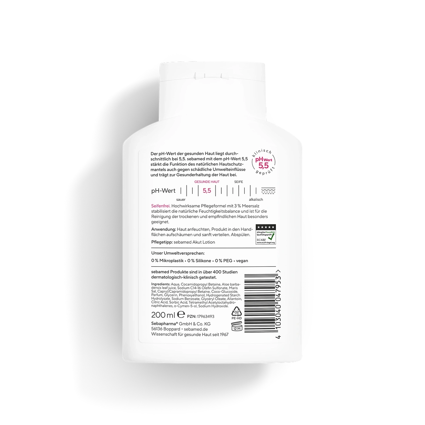 Sebamed Akut Lotion: pH-Wert 5,5, seifenfrei, für trockene und empfindliche Haut, 200ml.