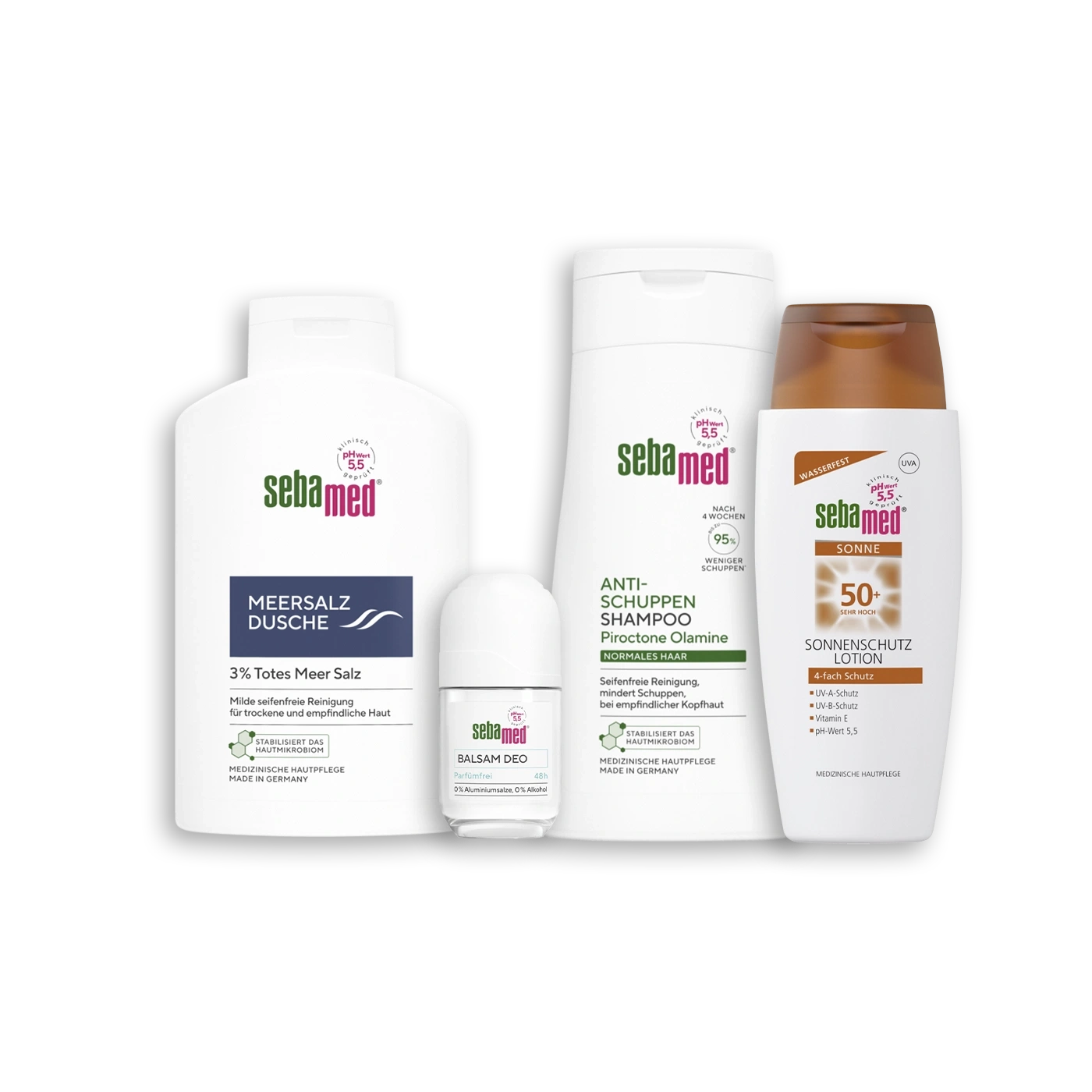Sebamed Produkte: Duschgel, Shampoo, Sonnencreme und Deo auf weißem Hintergrund.