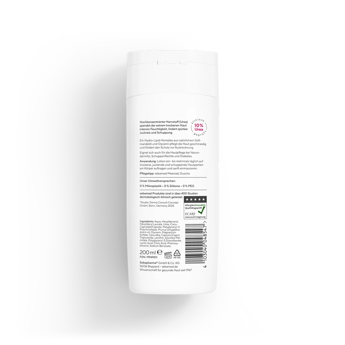 Eine Flasche Lotion mit Text über die Anwendung, Inhaltsstoffe und Umweltversprechen.