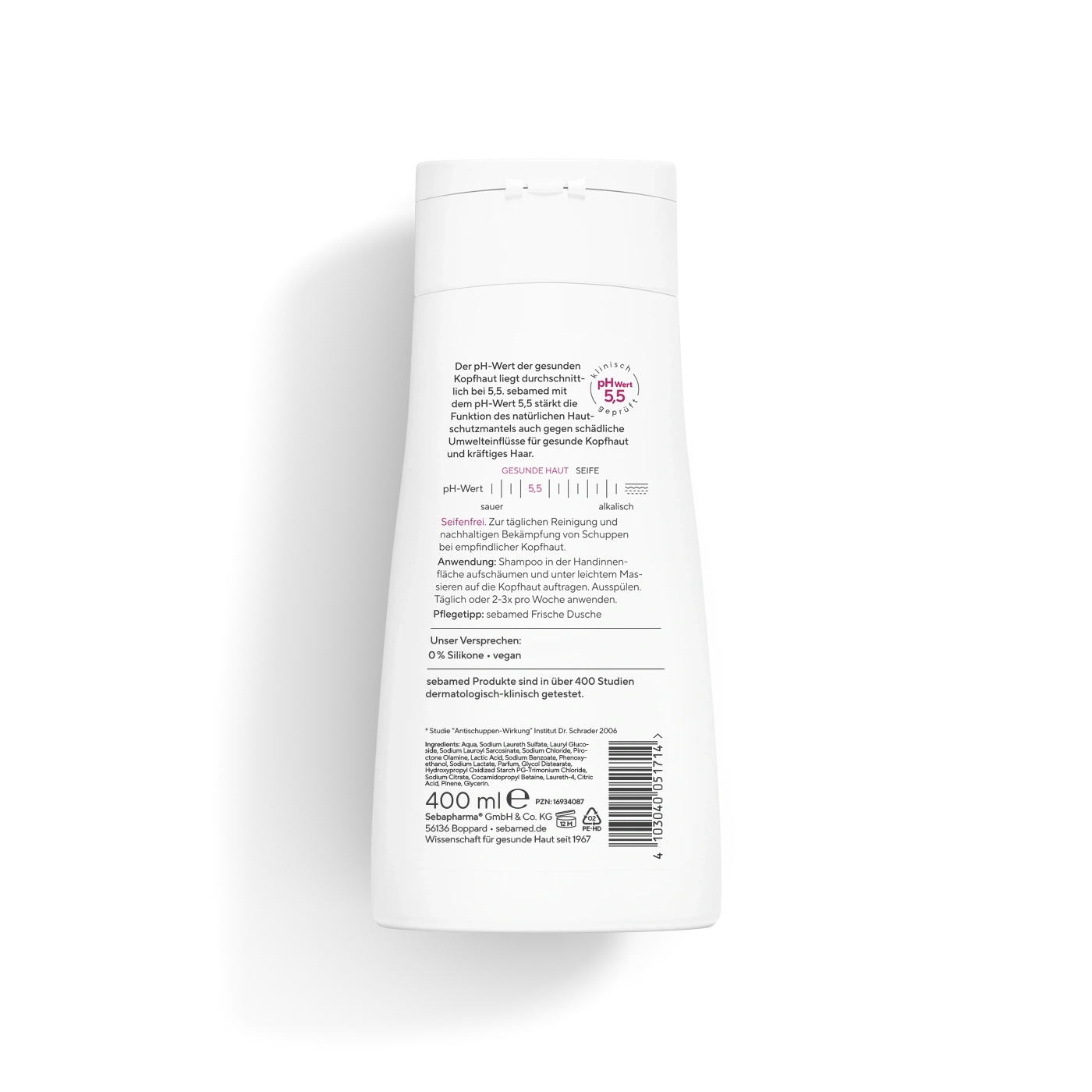 Hinteransicht einer Flasche Sebamed mit dermatologisch getesteten Inhaltsstoffen und Anweisungen zur Anwendung.