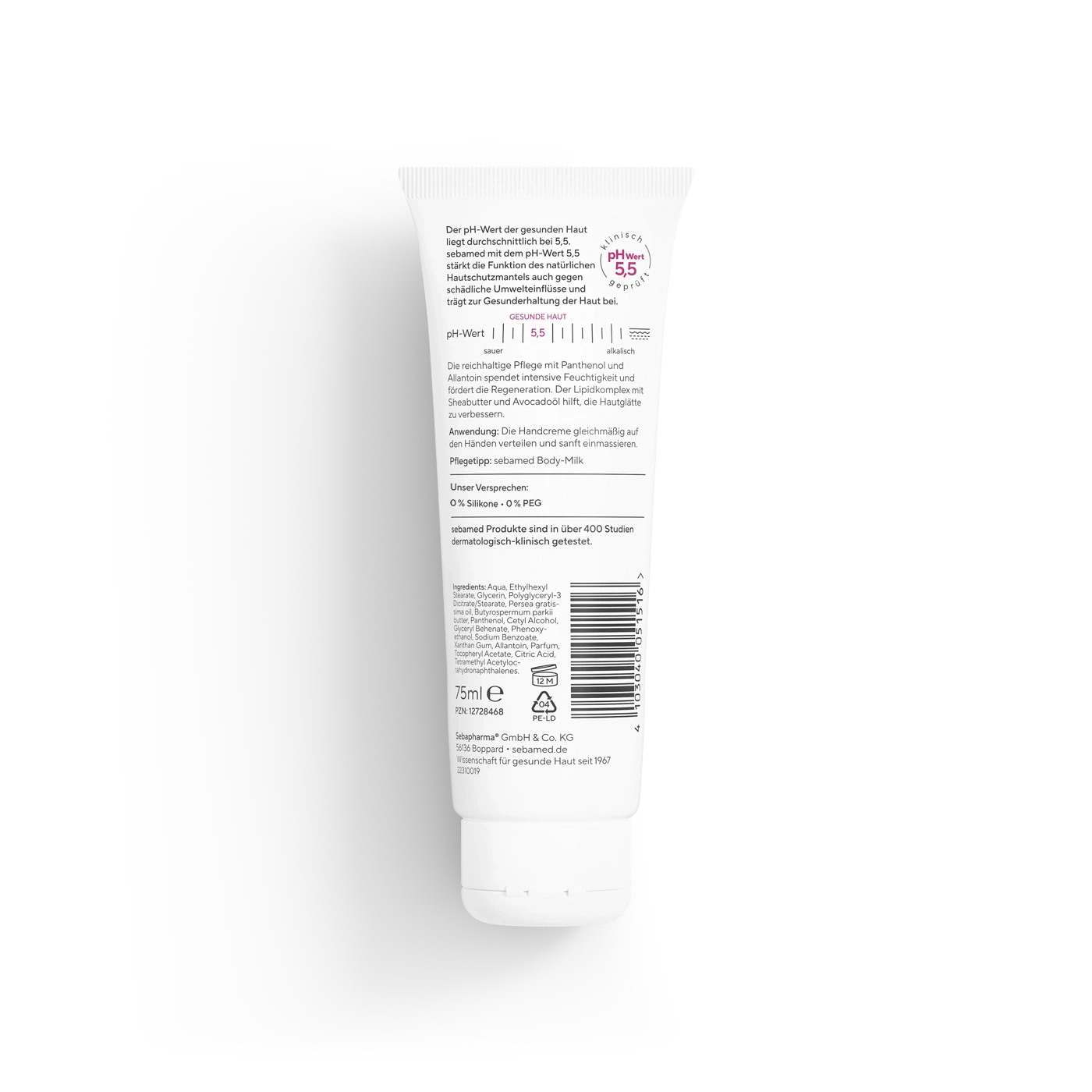 Ein weißer Schlauch Sebamed Handcreme mit dem pH-Wert 5,5.