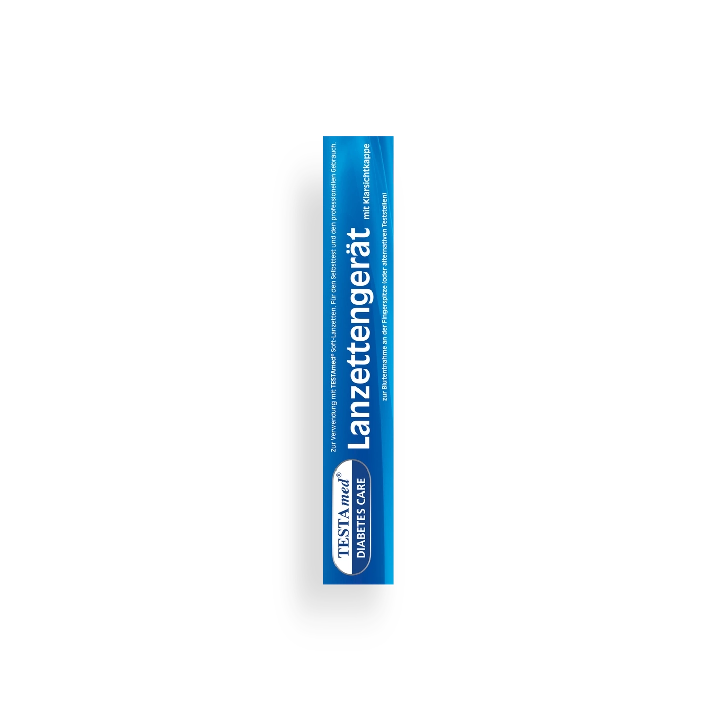 Produktabbildung eines Lanzettengeräts mit Klarsichtkappe für Diabetes-Tests.