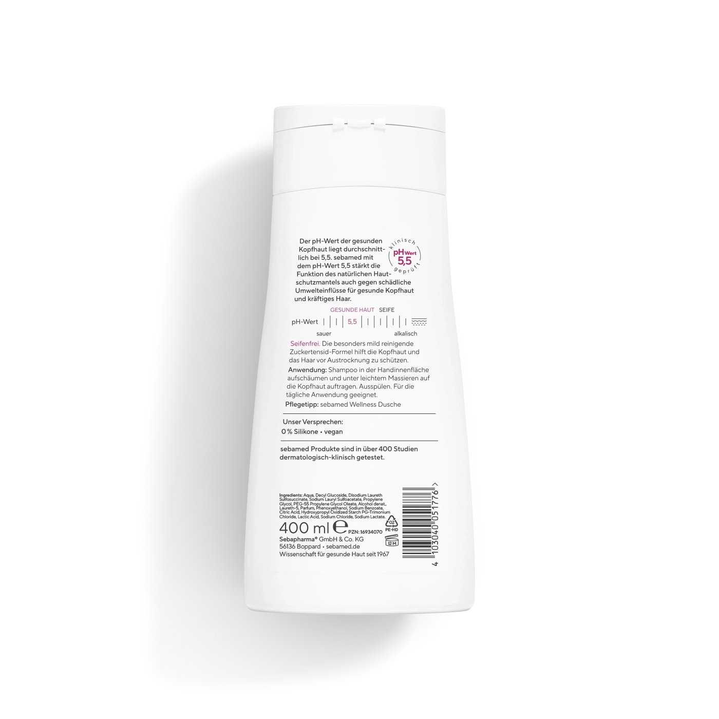Sebamed flasche mit produktinformationen und barcode auf weißem hintergrund