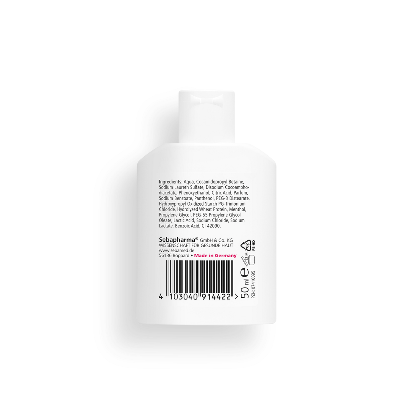 Sebapharma-Produktflasche mit Inhaltsstoffen und Barcode, Made in Germany.