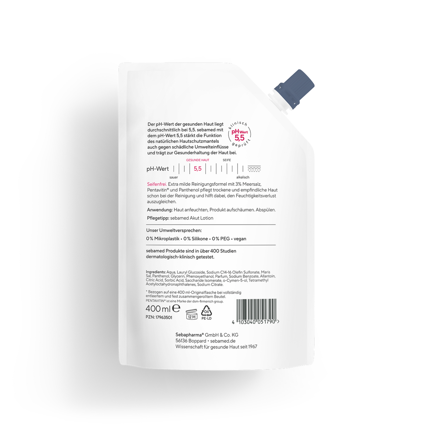 Sebamed Akut Lotion Flasche mit pH-Wert 5,5, Inhaltsstoffen und Umweltversprechen.