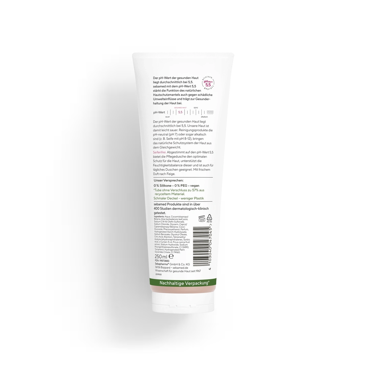 Ein Bild von der Rückseite einer Sebamed Körperpflegecreme mit Inhaltsstoffen und Anwendungshinweisen.