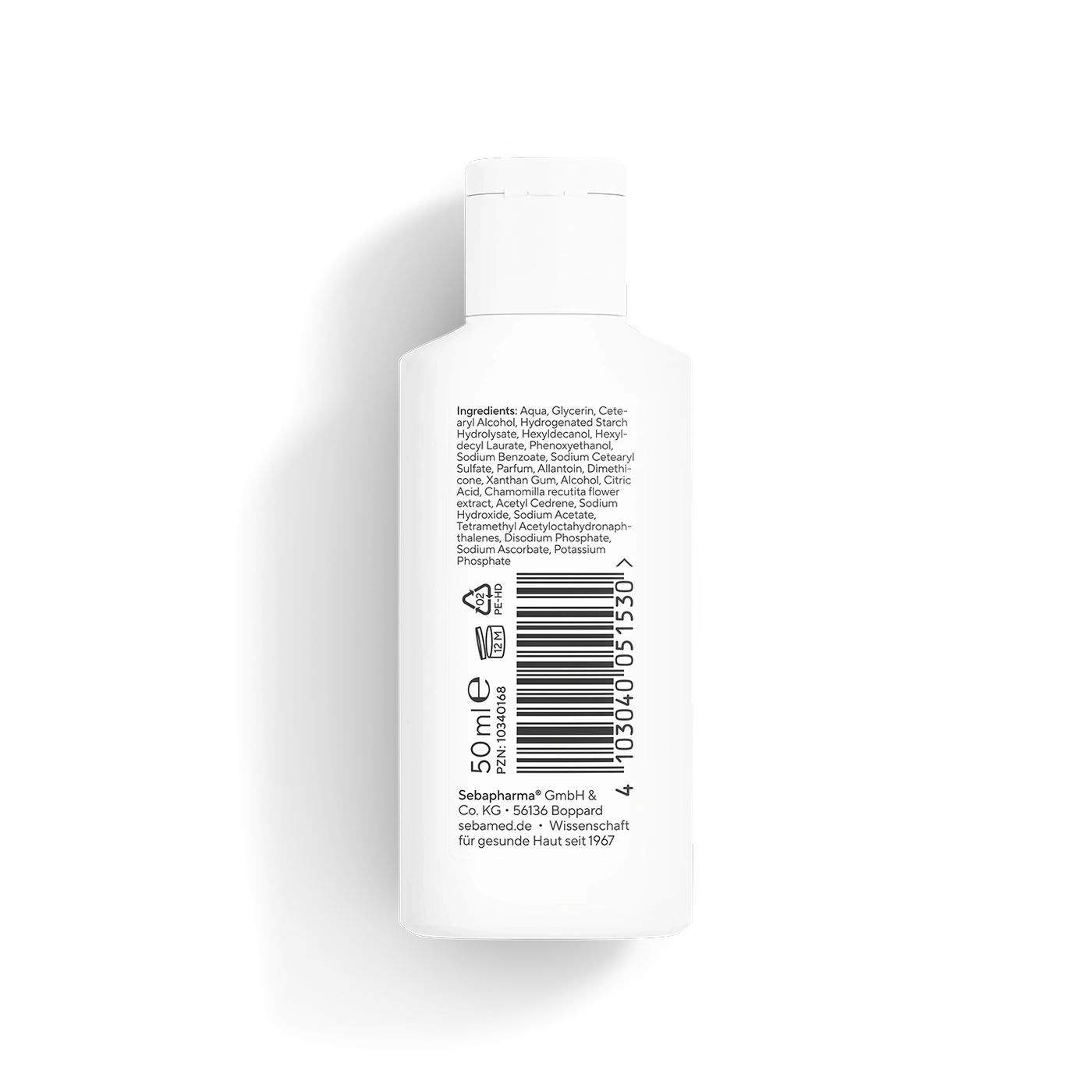 Flasche mit Inhaltsstoffen, 50ml, Sebapharma, Hautpflegeprodukt, weiß