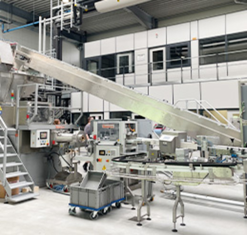 Industrielle Verpackungsanlage mit Förderband und Produktionslinie in Fabrik