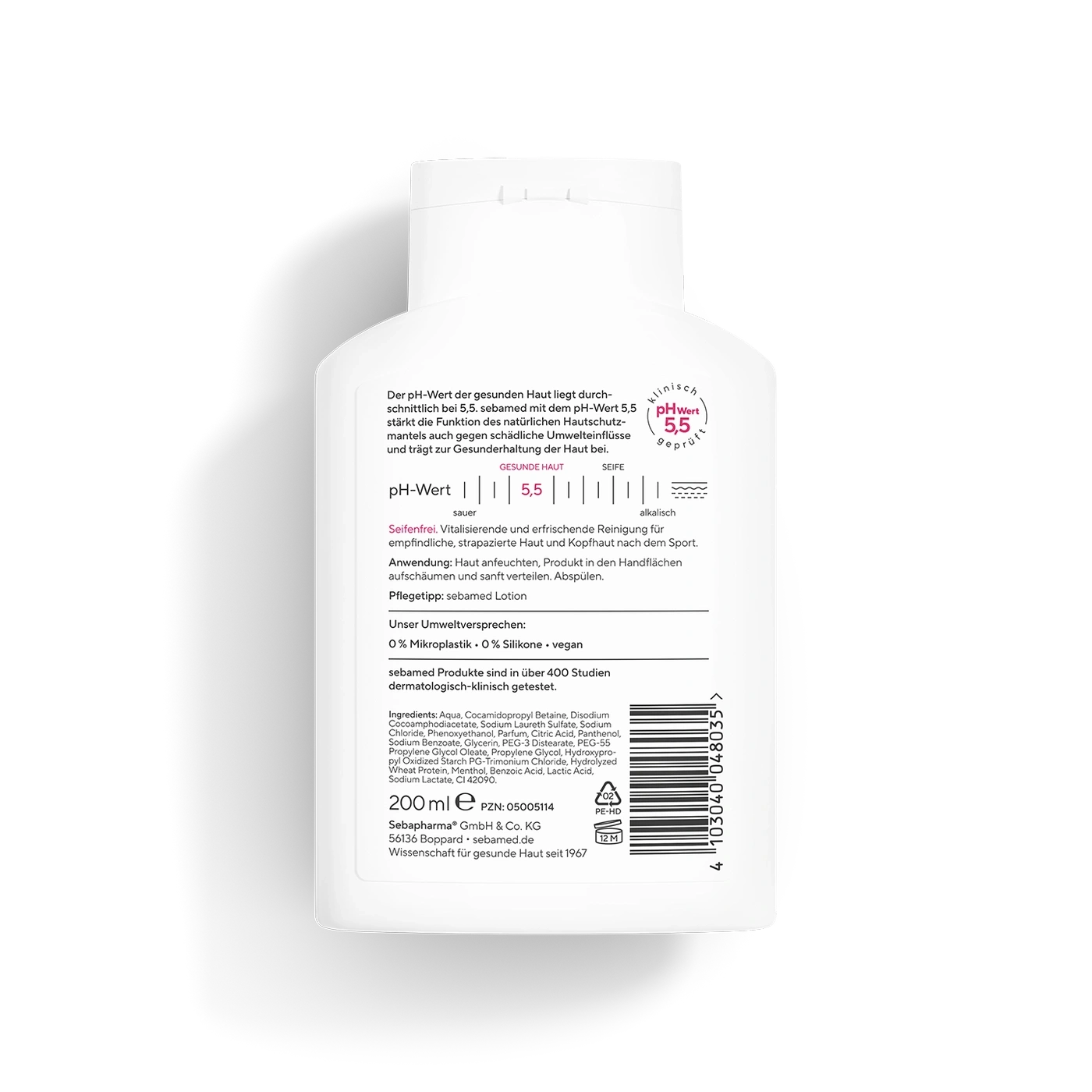 Sebamed-Produktflasche mit pH-Wert 5,5, seifenfrei, für empfindliche Haut, 200 ml.