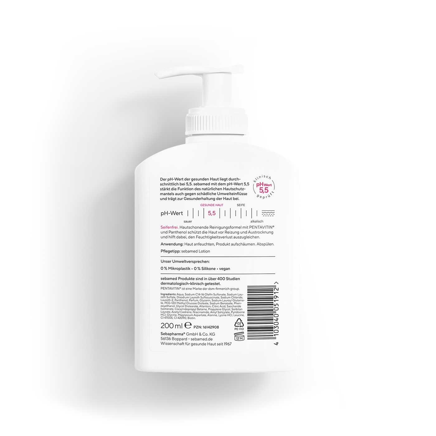 Ein weißer Pumpspender mit sebamed Lotion und Inhaltsstoffen.
