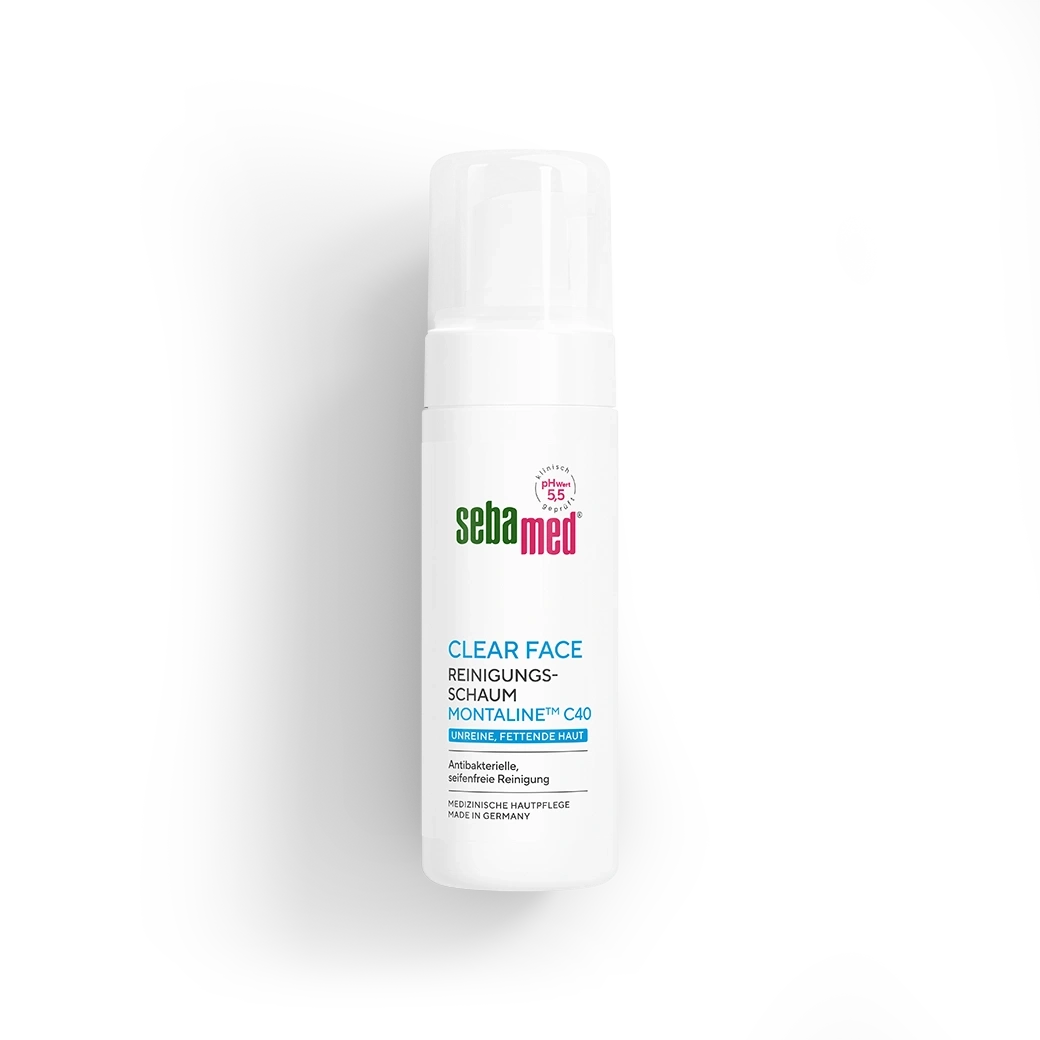 Sebamed Clear Face Reinigungsschaum mit Montaline C40 für unreine, fettende Haut.