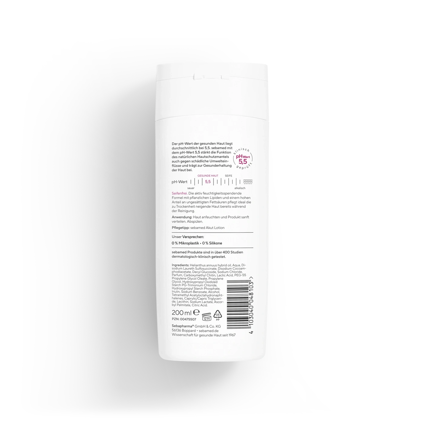 Ein sebamed pH 5,5 Akut Lotion Flasche mit Produktinformationen und Inhaltsstoffen.
