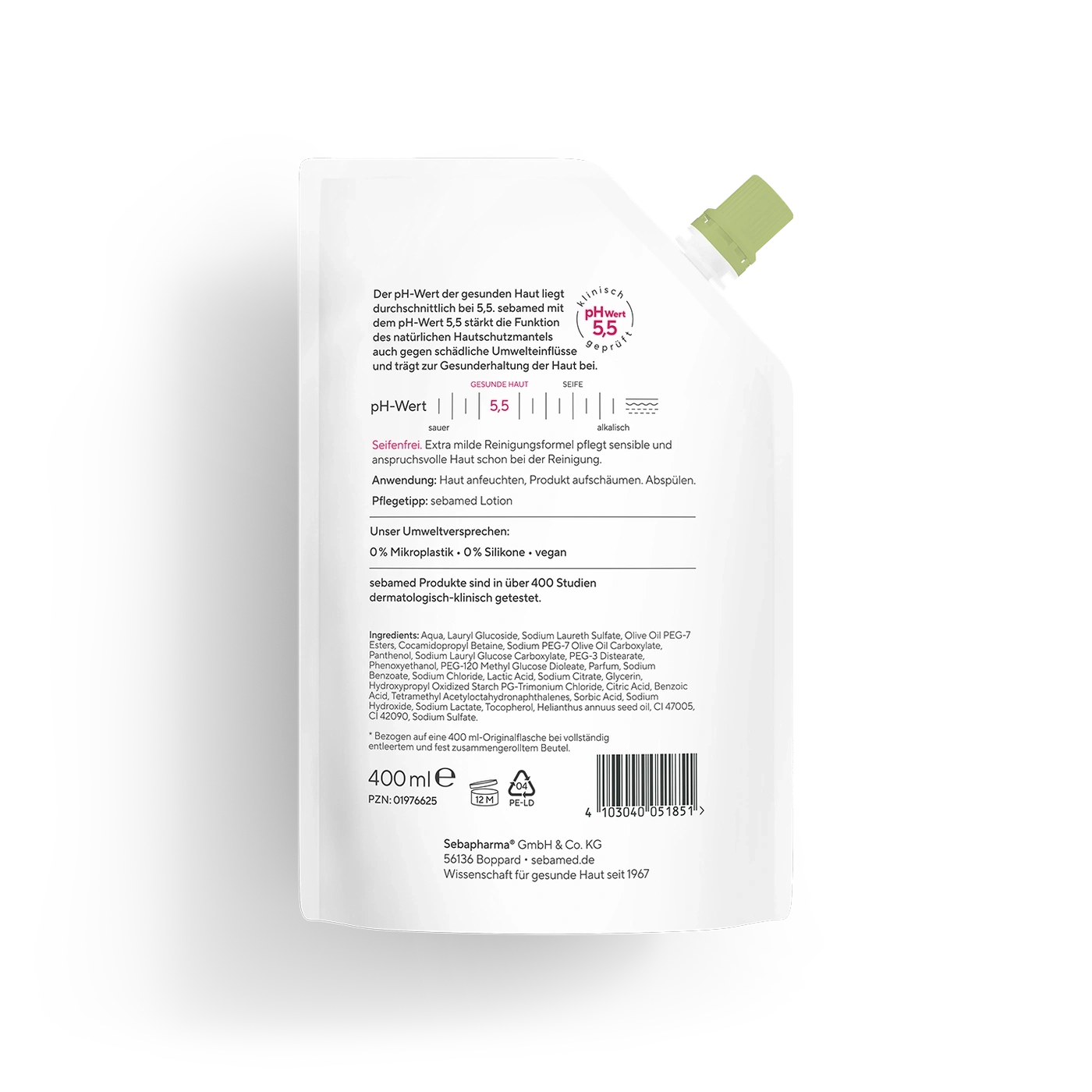 Sebamed Lotion Flasche mit Inhaltsangaben und Umweltversprechen, 400ml, vegan