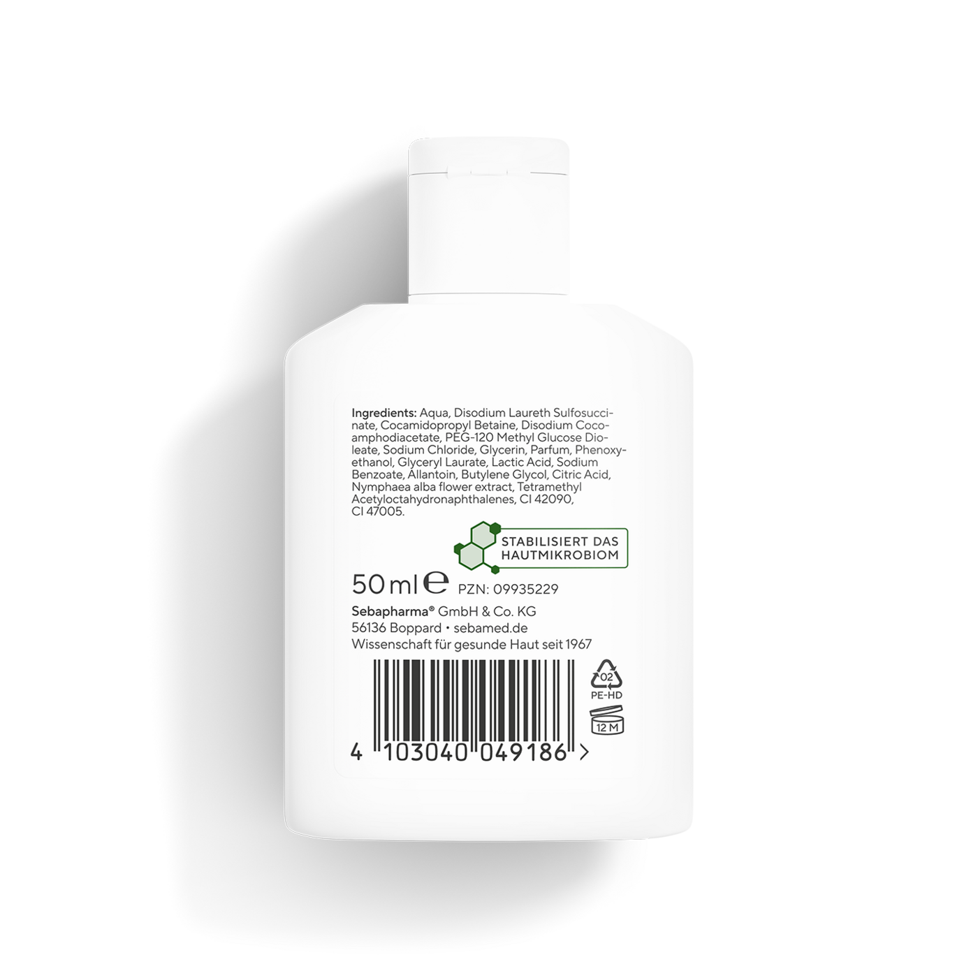 Weisse Flasche mit Inhaltsstoffen, Text und Barcode. Stabilisiert Hautmikrobiom.