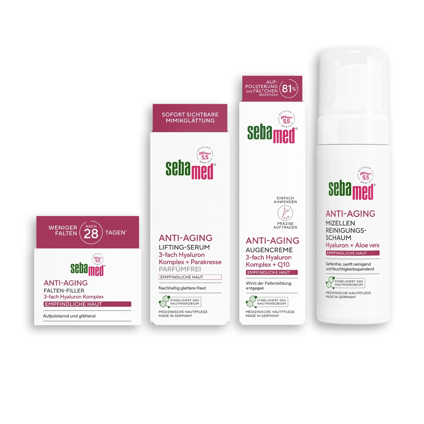 Eine Gruppe von Sebamed Anti-Aging Hautpflegeprodukten.