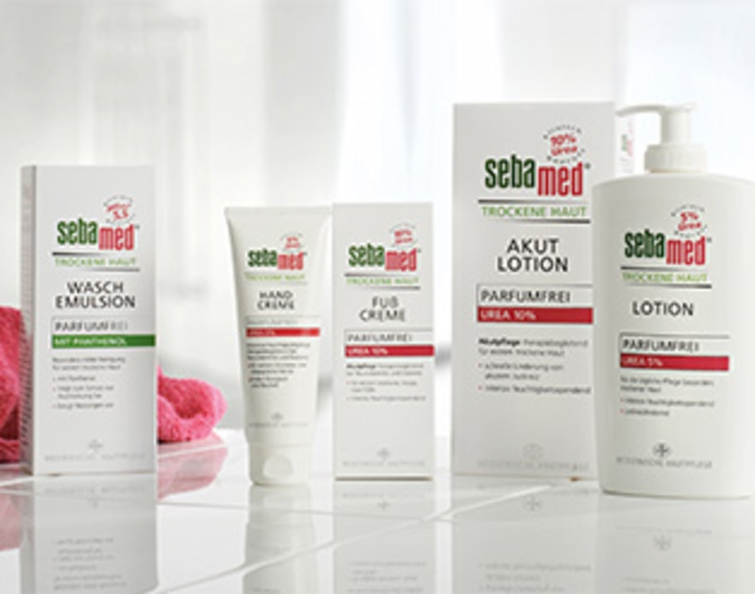 Sebamed Produkte für trockene Haut: Wasch Emulsion, Handcreme, Fußcreme, Akut Lotion, Lotion.