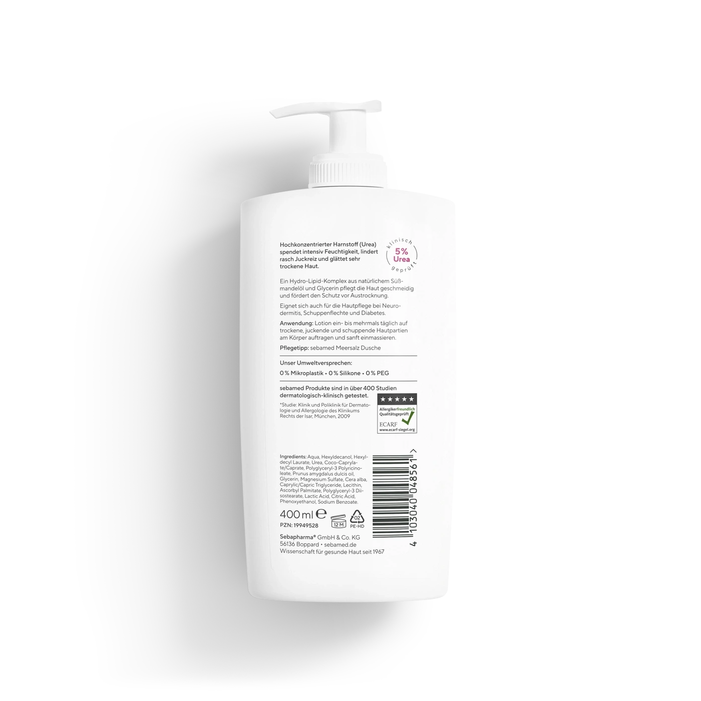 Akut Lotion parfümfrei Urea 5% mit Spender 400 ml Parfümfreie Feuchtigkeitskörperpflege mit 5% Urea