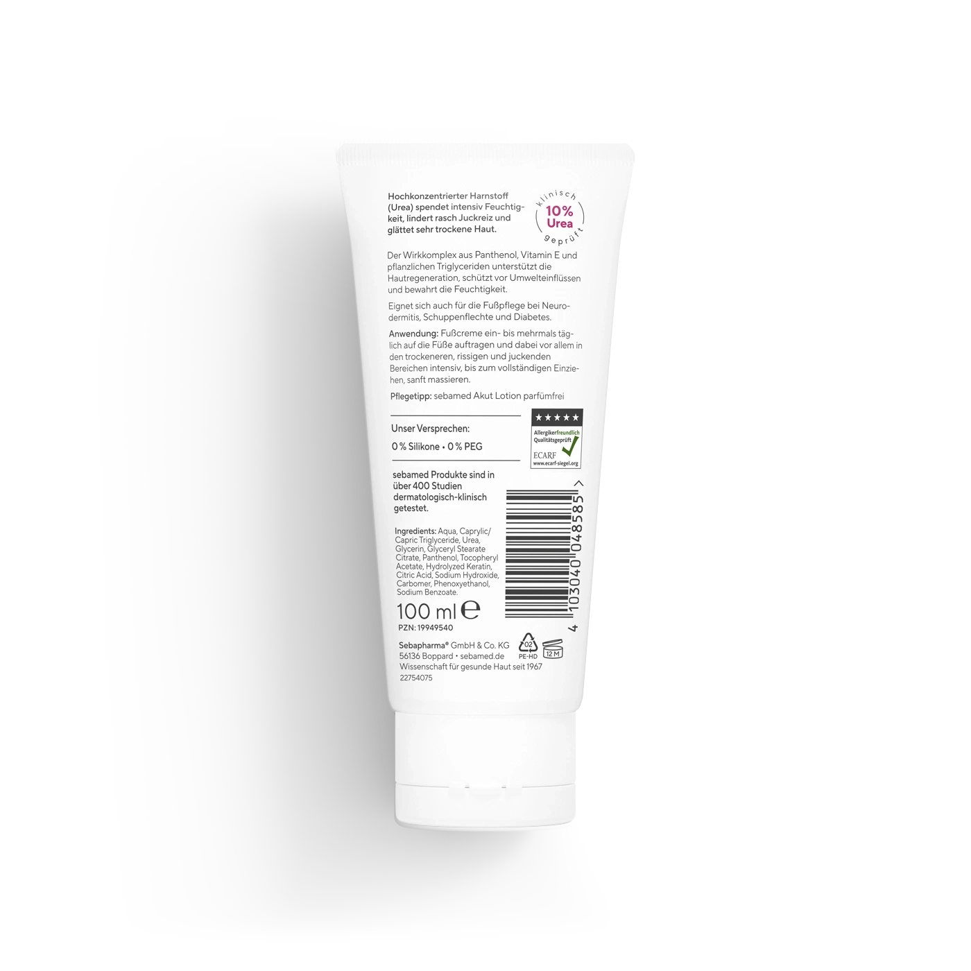 Akut Fußcreme parfümfrei Urea 10% 100 ml Parfümfreie Juckreizlinderung der Füße mit 10% Urea