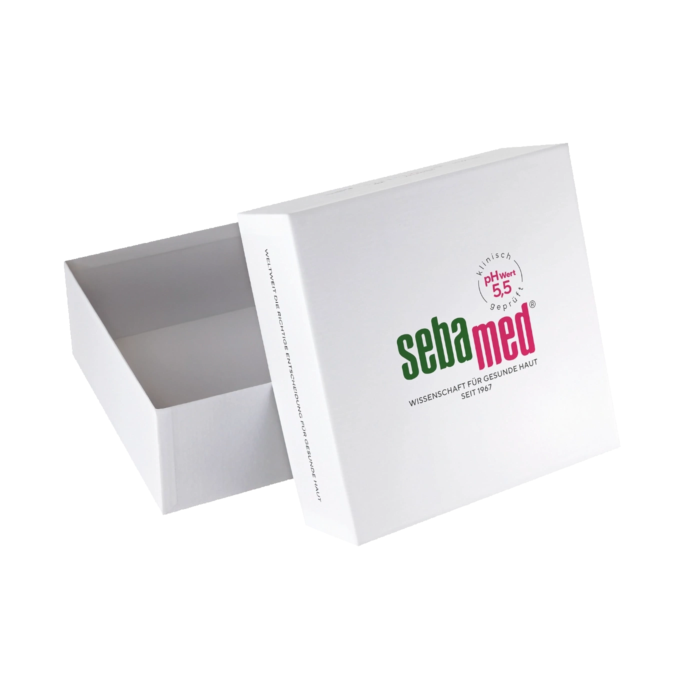 Eine weiße Sebamed Box mit Logo und Text.