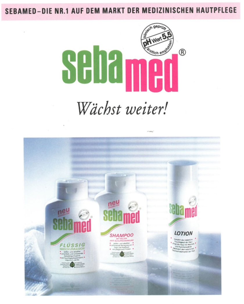 Sebamed-Anzeige mit Produkten für die Hautpflege, Shampoo und Lotion.