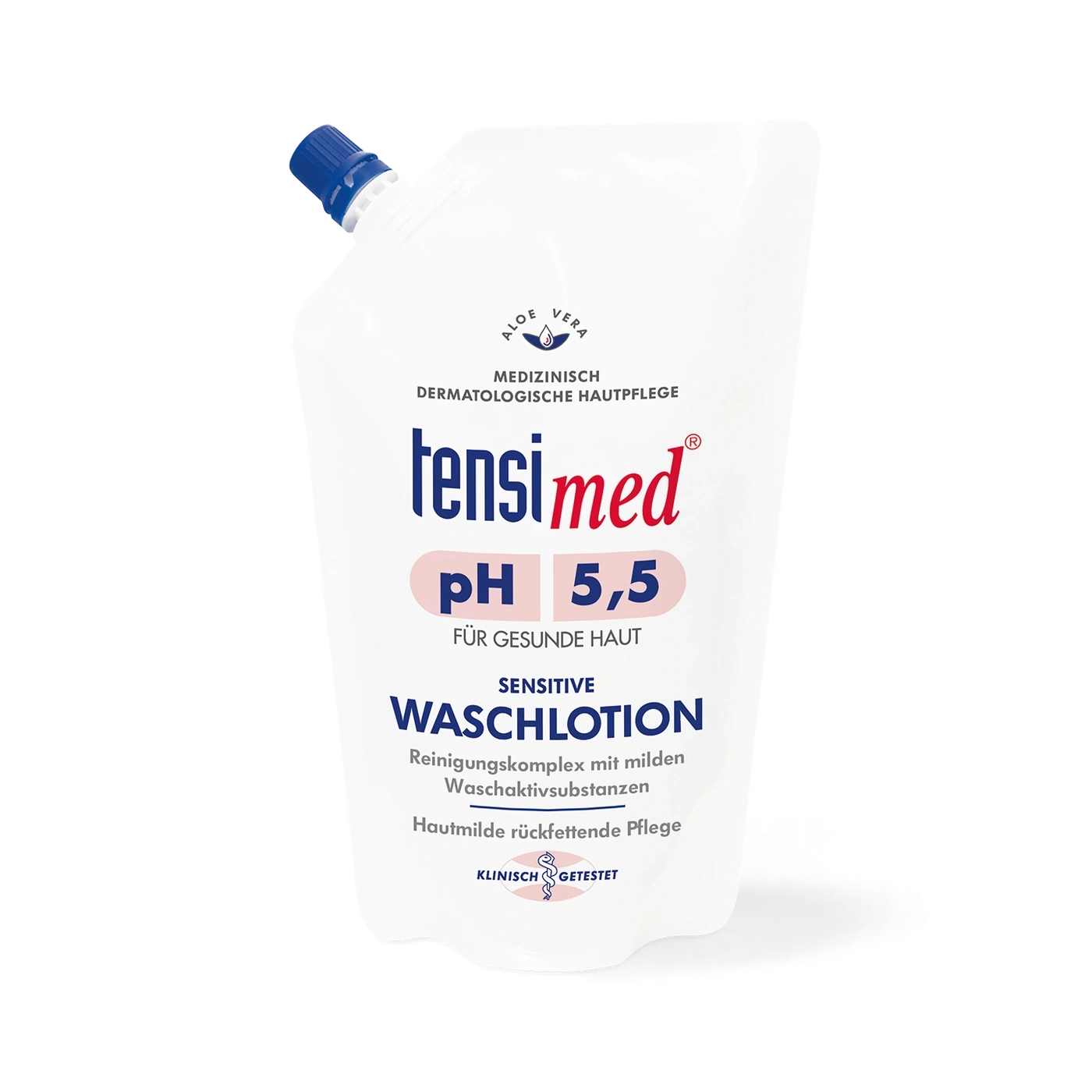 Eine weiße tensi med Waschlotions-Verpackung mit blauer Kappe und roter Schrift.