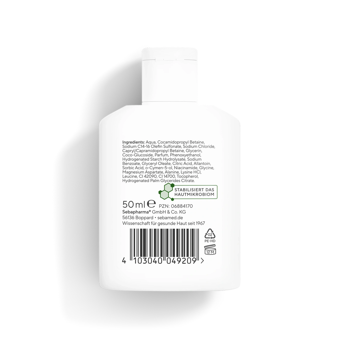 Sebamed Hautmikrobiom Stabilisator Flasche mit Inhaltsstoffen und Barcode