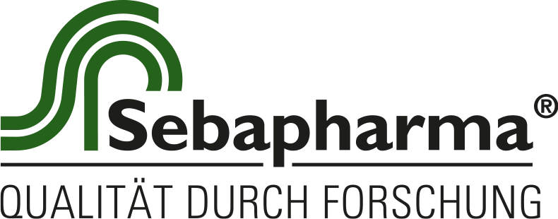 Sebapharma Logo mit grünem Design und dem Slogan 'Qualität durch Forschung'.