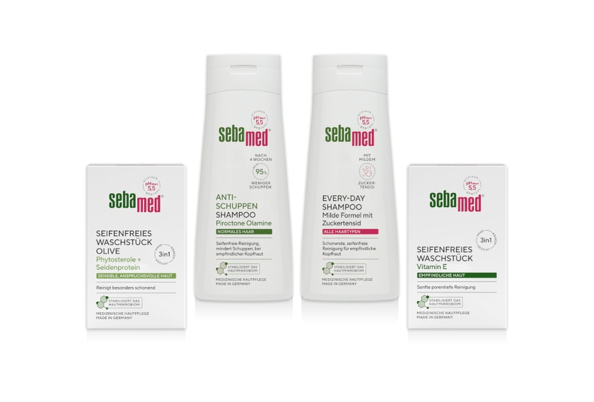 Produktbild mit 4 sebamed Produkten nebeneinander