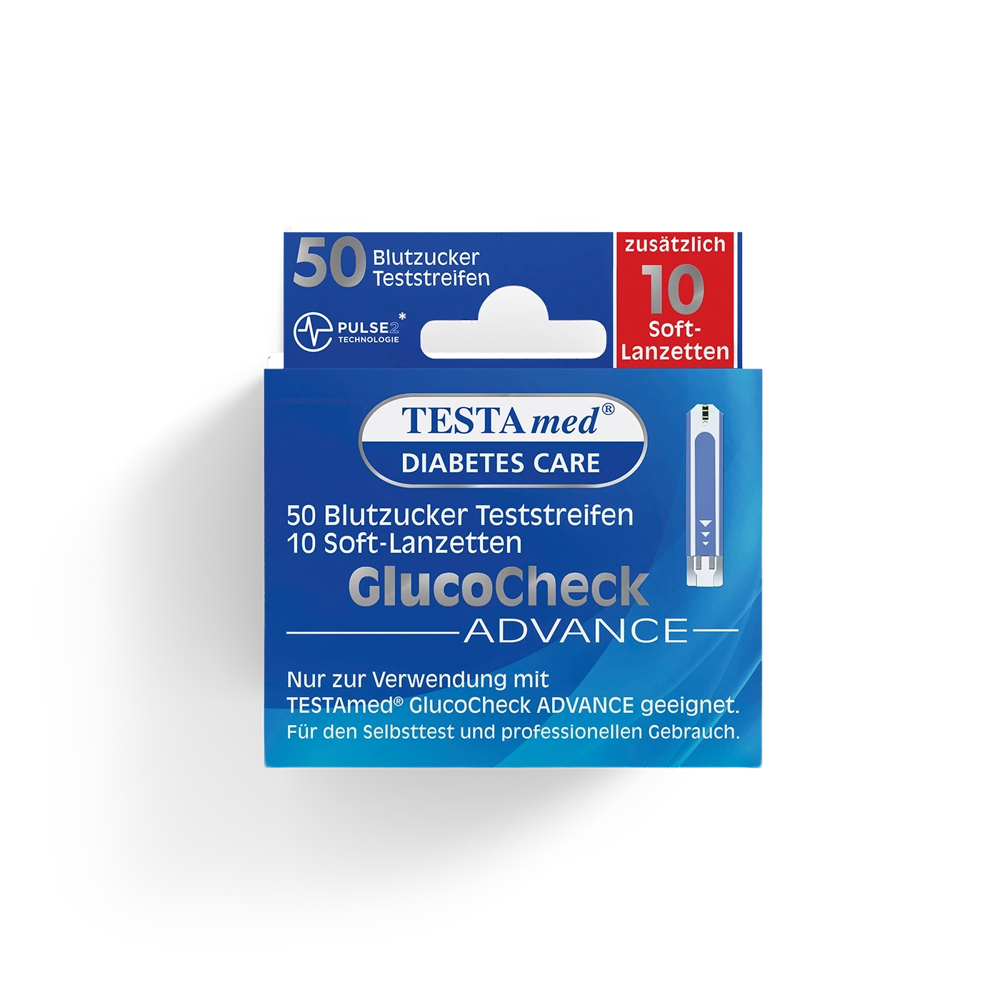 Packung mit 50 Blutzucker Teststreifen und 10 Soft-Lanzetten für Glucocheck Advance