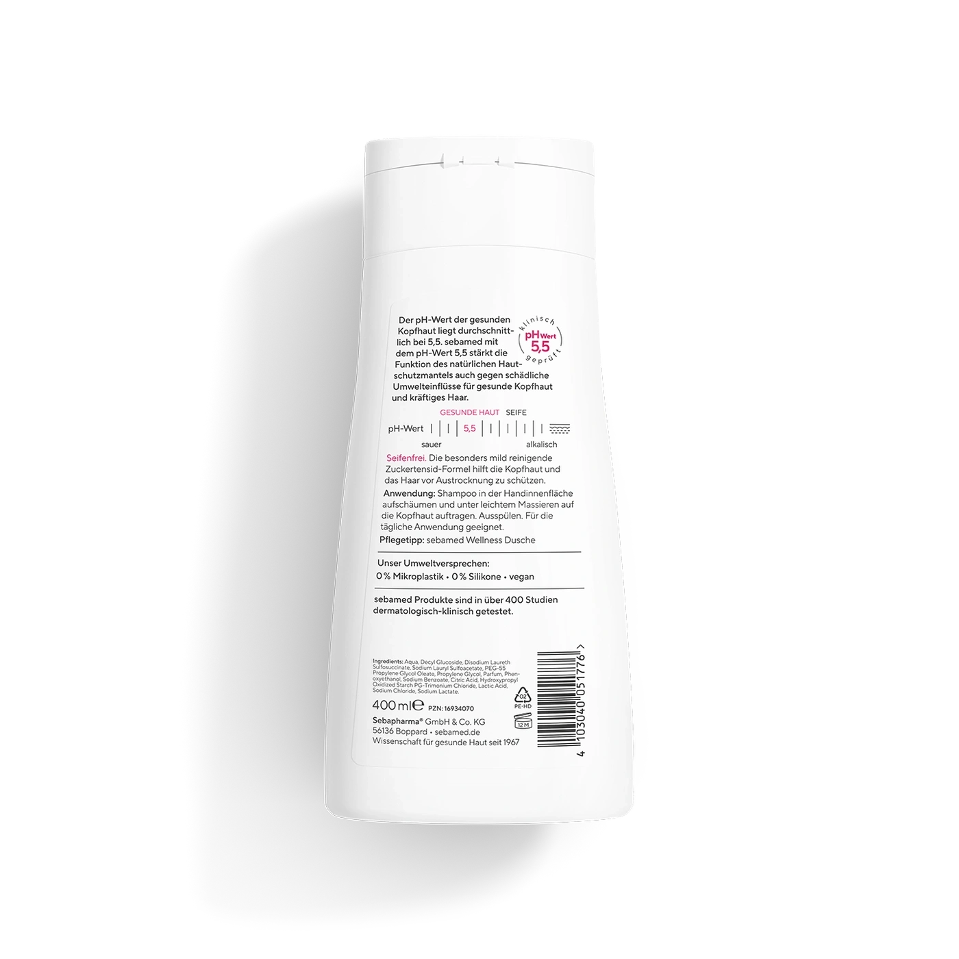 Sebamed Shampoo Flasche mit pH-Wert 5,5 für gesunde Kopfhaut und kräftiges Haar.