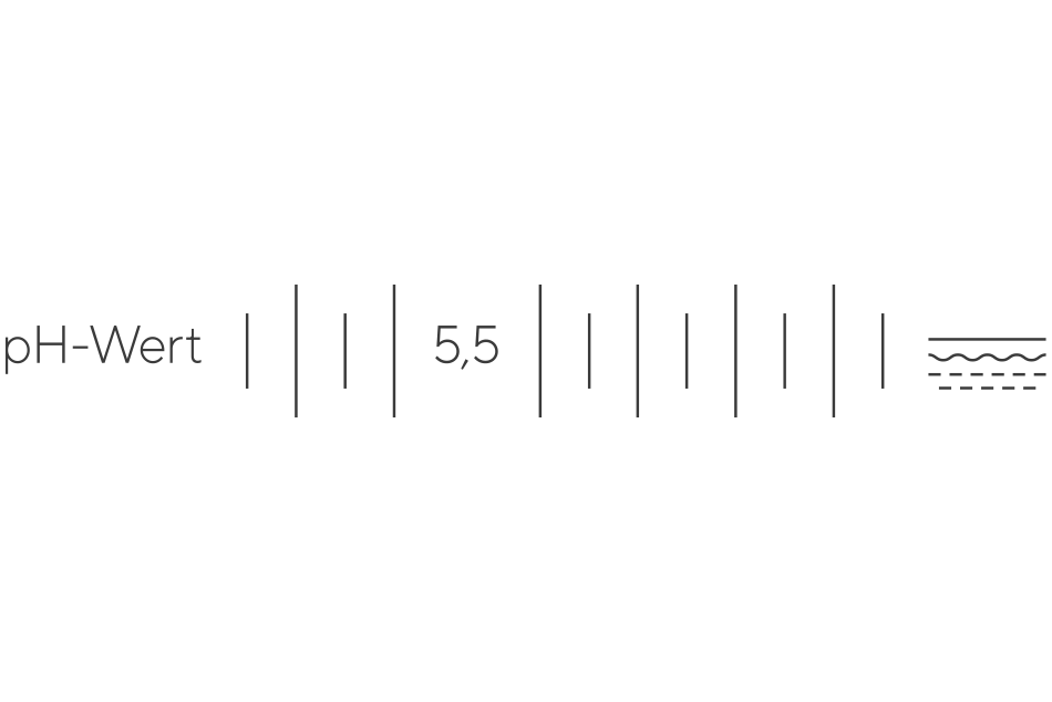pH-Wert von 5,5, dargestellt mit einem Wasser-Symbol, das die Flüssigkeit repräsentiert.