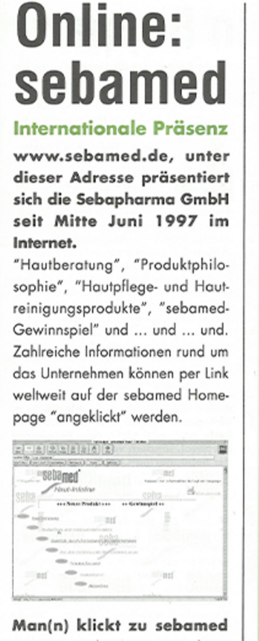 Werbung für sebamed im Internet mit Website-Adresse und Produktinformationen.