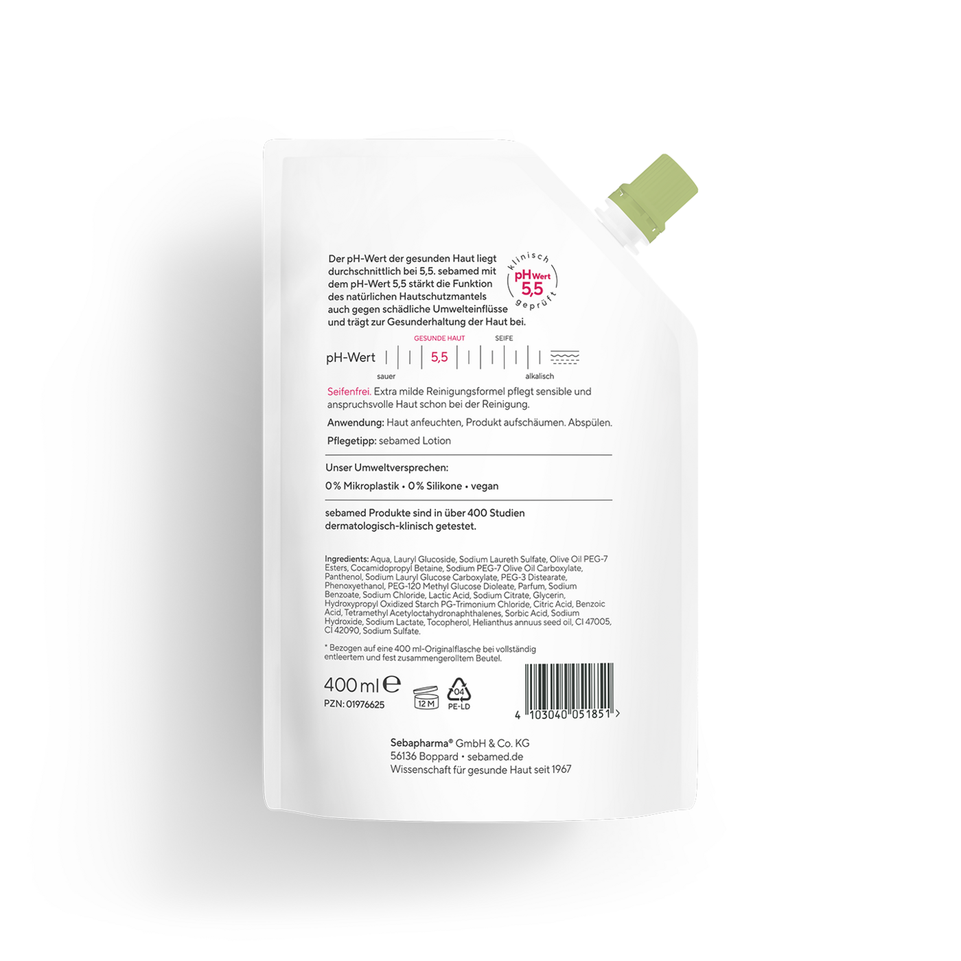 Sebamed Lotion Flasche mit Inhaltsangaben und Umweltversprechen, 400ml, vegan