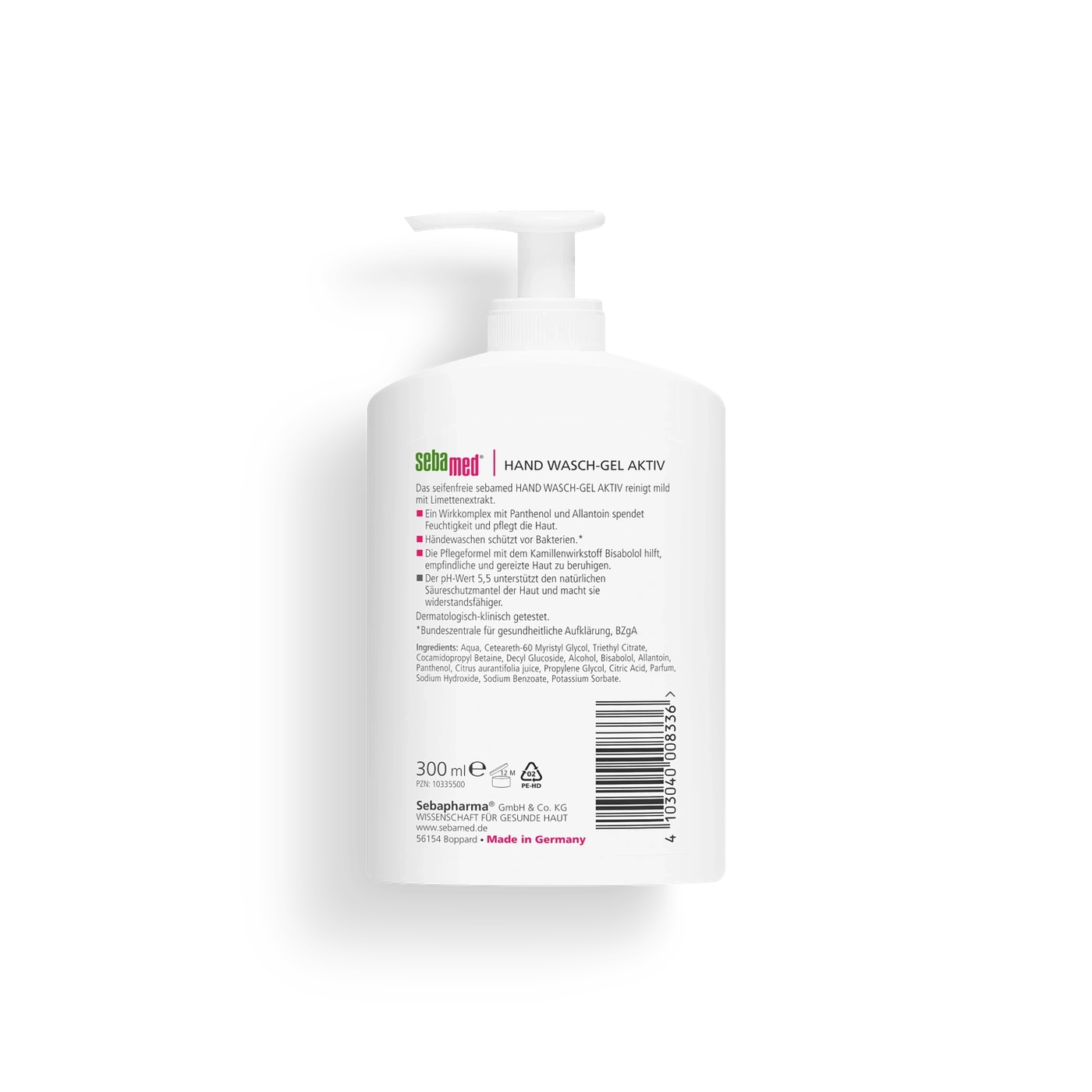 Sebamed Handwasch-Gel Aktiv Flasche mit Inhaltsangaben und Zutatenliste