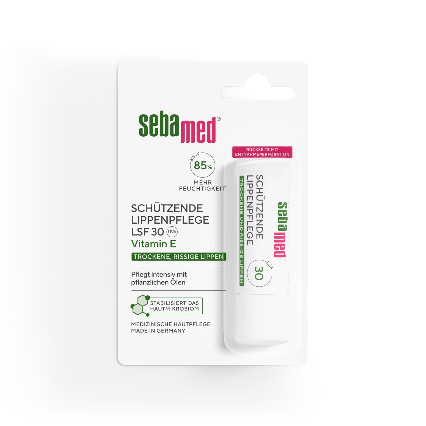 Sebamed Lippenpflege LSF 30 mit Vitamin E für trockene, rissige Lippen.