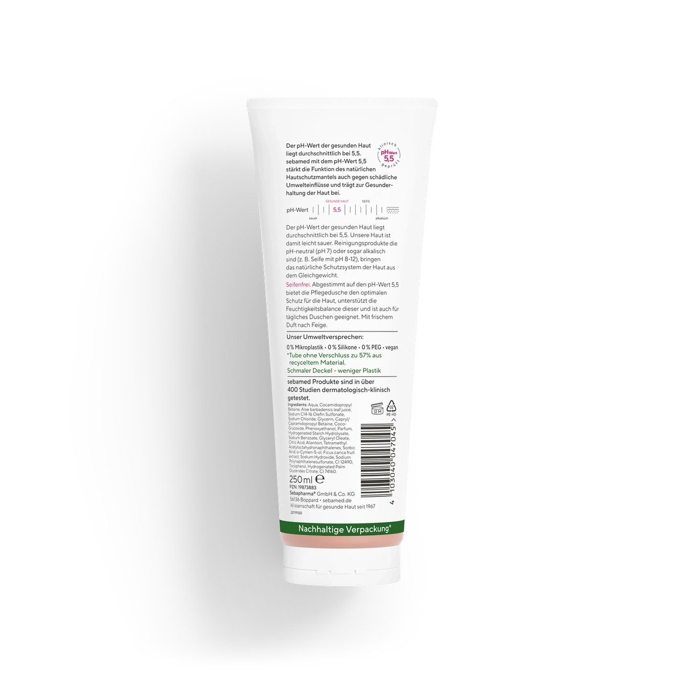Sebamed Pflegedusche, pH-Wert 5,5, Hautschutz, nachhaltige Verpackung, 250ml, Inhaltsstoffe.