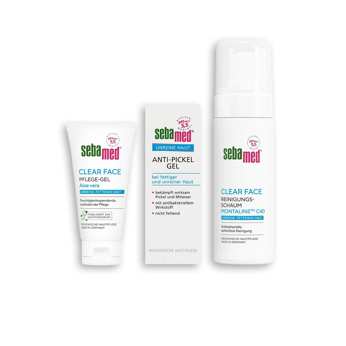 Drei Sebamed Clear Face Hautpflegeprodukte für unreine Haut.