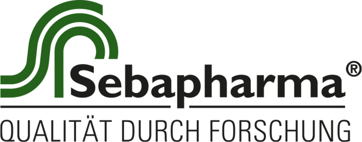 Sebapharma Logo mit grünem Design und dem Slogan 'Qualität durch Forschung'.
