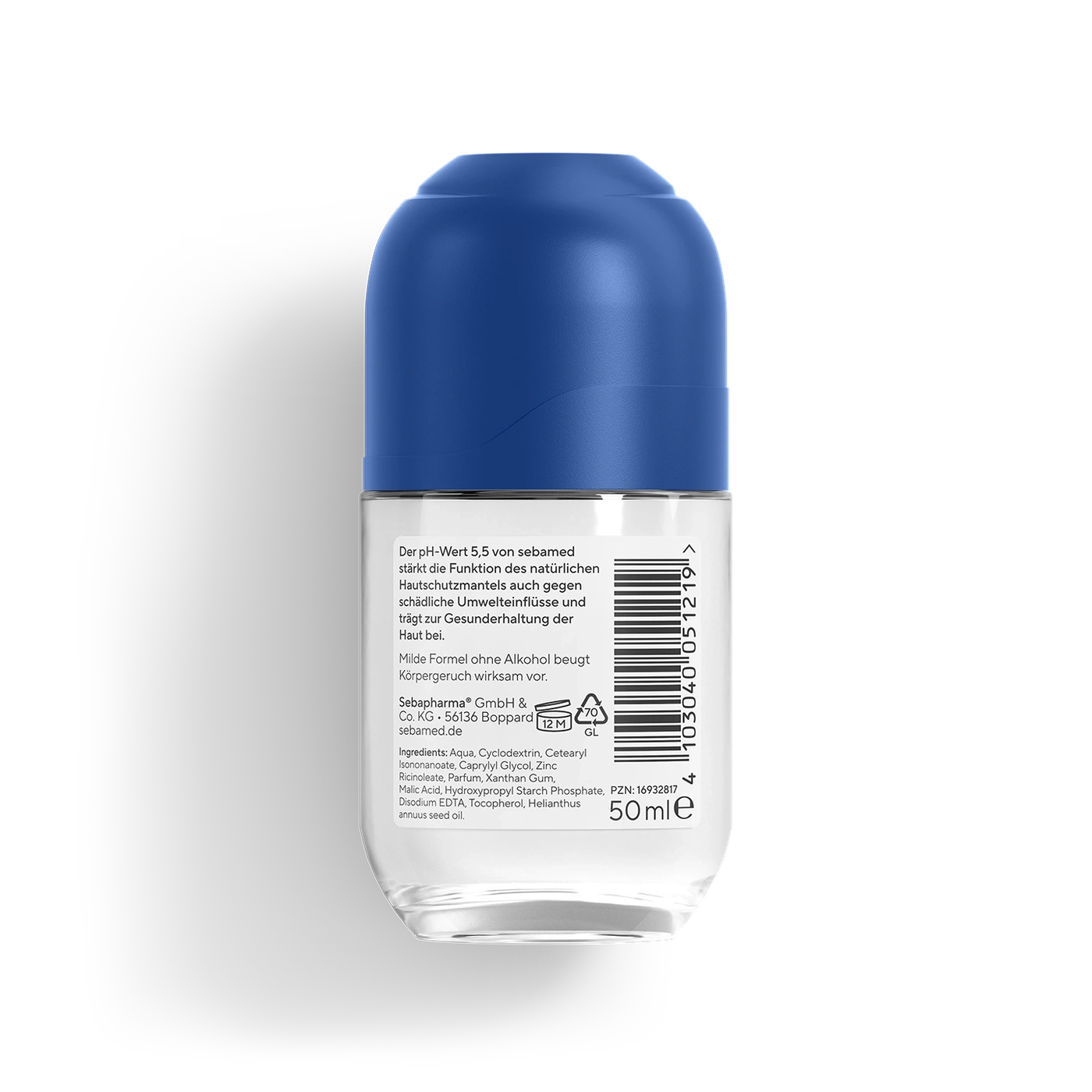 Ein Roll-on-Deodorant von Sebamed mit blauem Deckel.